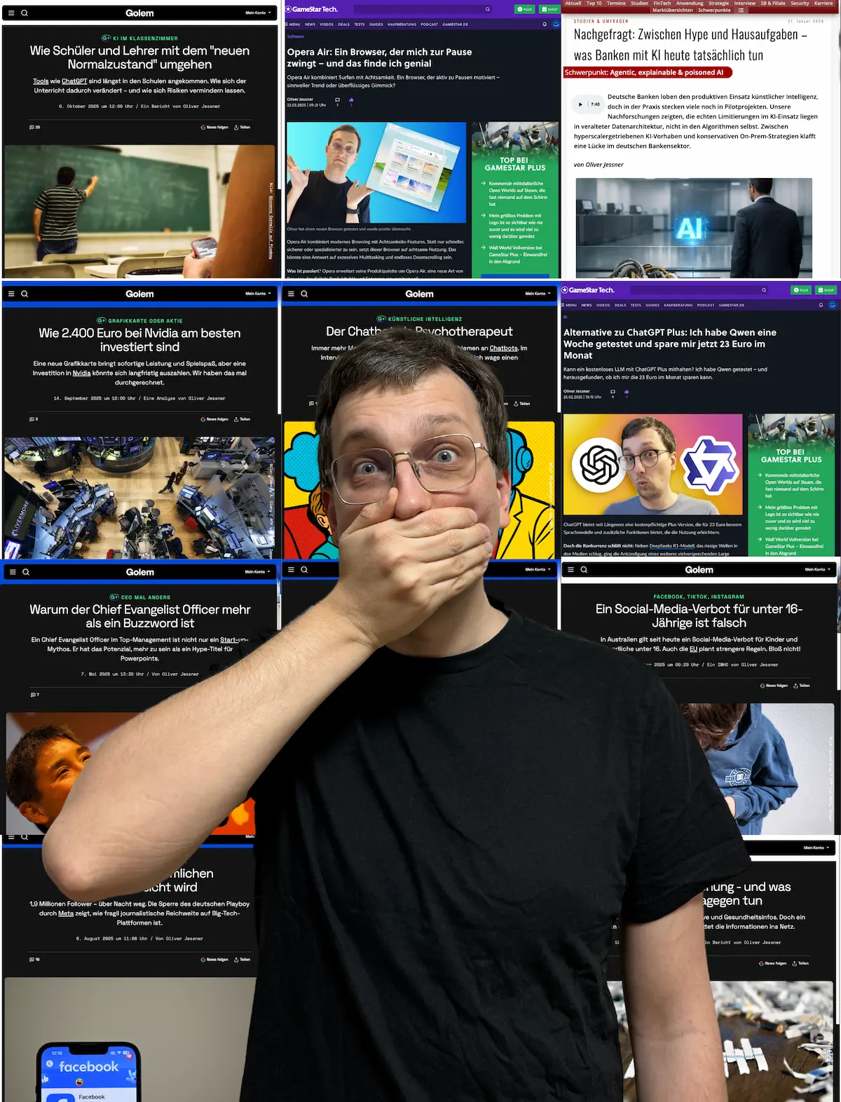 Oliver Jessner vor einer Collage seiner Artikel bei Golem, GameStar Tech und IT-Finanzmagazin